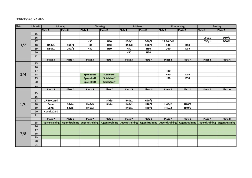 Trainingsplan Platzbelegungsplan 2025